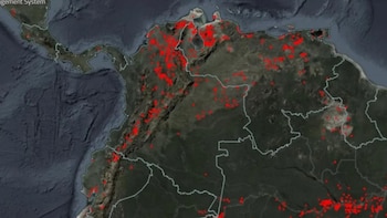 La Nasa mostró en un mapa satelital la magnitud de los incendios en Colombia y la concentración de puntos de calor en un contexto de sequía y temperaturas extremas - crédito Firms/Nasa