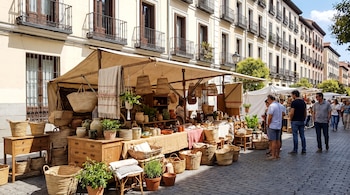 Puesto callejero con toldo que exhibe cestas de mimbre, vasijas de cerámica, muebles de madera y plantas en una calle empedrada con peatones.