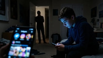 Un joven sentado en una habitación a oscuras sostiene un teléfono inteligente iluminado mientras una figura permanece de pie en la puerta