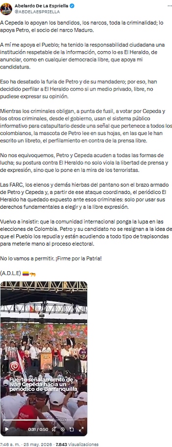 Abelardo de la Espriella vinculó a Iván Cepeda con grupos armados y defiende respaldo de El Heraldo - crédito @ABDELAESPRIELLA/X