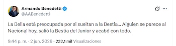 Armando Benedetti respondió en redes con una comparación futbolera ligada a la final del fútbol colombiano entre Junior de Barranquilla y Atlético Nacional - crédito @AABenedetti/X