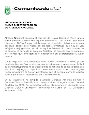 Atlético Nacional oficializó este 27 de junio de 2026 la contratación de Lucas González Vélez como nuevo director técnico - crédito Atlético Nacional