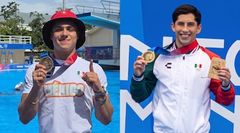 Composición de dos fotografías de un atleta con camiseta de México, gorro rojo, chaqueta deportiva y medallas de oro.