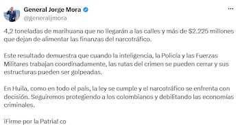El ministro de Defensa, Jorge Eduardo Mora López, se refirió al resultado de la operación contra el narcotráfico en Huila. - crédito @generaljmora/X