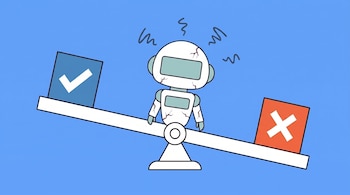 Un robot blanco con grietas sobre un balancín entre un cuadro azul con una marca de verificación y un cuadro rojo con una cruz.