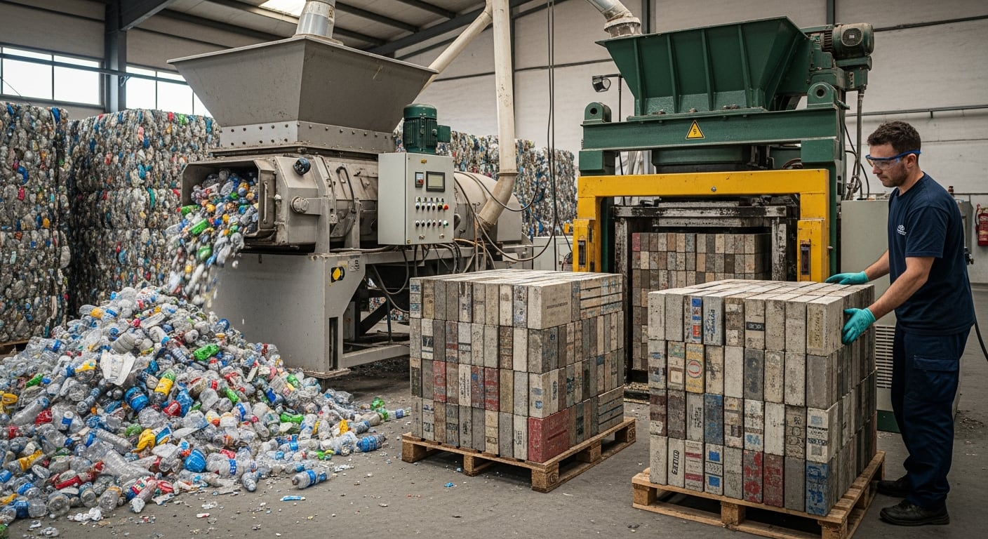 En una planta industrial, botellas de plástico se transforman mediante un proceso de reciclaje en ladrillos de construcción apilados en paletas, supervisado por un trabajador. (Imagen Ilustrativa Infobae)