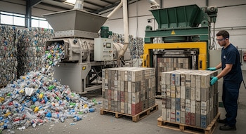 Interior de una fábrica con máquinas de procesamiento, una gran pila de botellas de plástico, y paletas de ladrillos de plástico terminados. Un trabajador manipula los ladrillos.