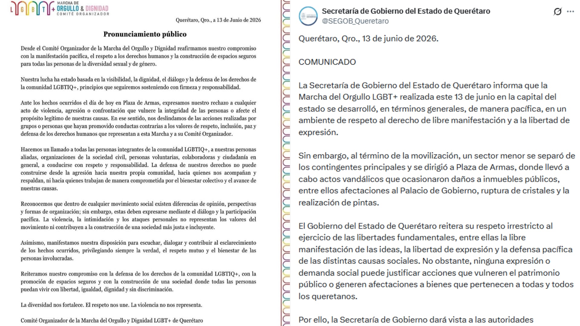 El Gobierno de Querétaro y el Comité Organizador de la Marcha del Orgullo LGBT+ publican comunicados contrastantes sobre los actos vandálicos ocurridos tras la manifestación pacífica en Plaza de Armas. (@SEGOB_Queretaro | @PresenciaUni)