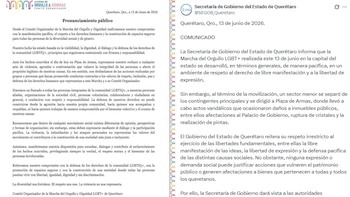 Dos documentos impresos, uno titulado "Pronunciamiento público" del Comité Organizador del Orgullo y el otro "COMUNICADO" de la Secretaría de Gobierno de Querétaro, sobre la Marcha LGBT+