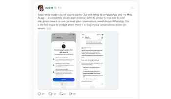 Captura de pantalla de un tuit de Zuck sobre el lanzamiento de Meta AI Incognito Chat en WhatsApp, con dos imágenes de la interfaz de usuario de la aplicación móvil