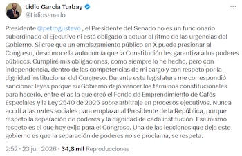 El presidente del Senado defendió la autonomía del Legislativo y rechazó la idea de subordinación al Gobierno. - crédito @Lidiosenado/X