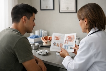Joven y doctora sentados en consultorio. Ella le muestra un folleto de anatomía masculina. Sobre el escritorio hay instrumental médico y modelos anatómicos.