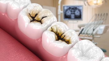 Dientes con caries, encías, instrumental dental, silla odontológica y un monitor con radiografía panorámica en un consultorio borroso.