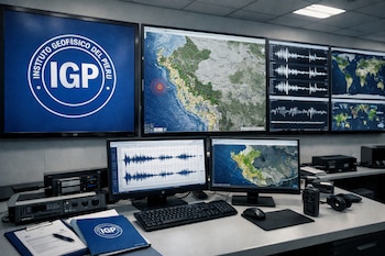 Cinco pantallas muestran el logo IGP, mapas sísmicos de Perú y el mundo, y gráficos de ondas; una mesa tiene teclados, ratón, equipos, cascos y documentos IGP.
