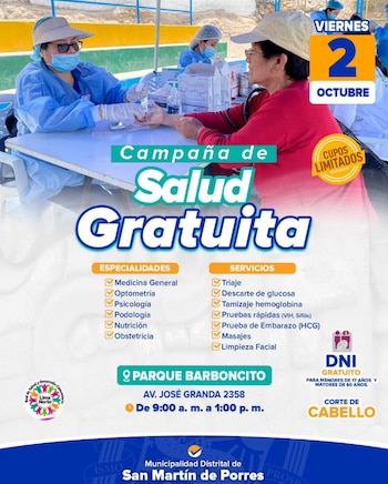 La campaña incluirá descarte de glucosa, tamizaje de hemoglobina y pruebas rápidas de VIH y sífilis - Créditos: Municipalidad de San Martín de Porres.