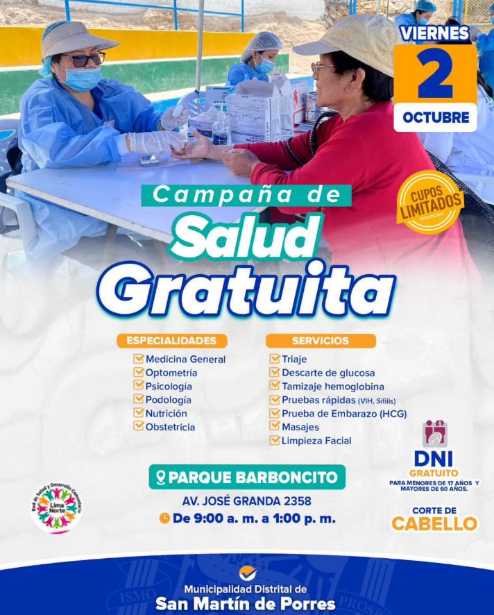 La campaña incluirá descarte de glucosa, tamizaje de hemoglobina y pruebas rápidas de VIH y sífilis - Créditos: Municipalidad de San Martín de Porres.