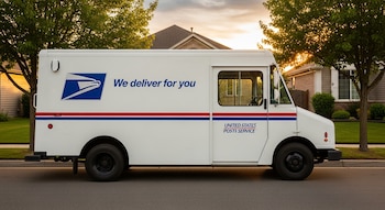 Camioneta blanca de USPS con logo azul y texto "We deliver for you", estacionada en calle residencial al atardecer frente a una casa.