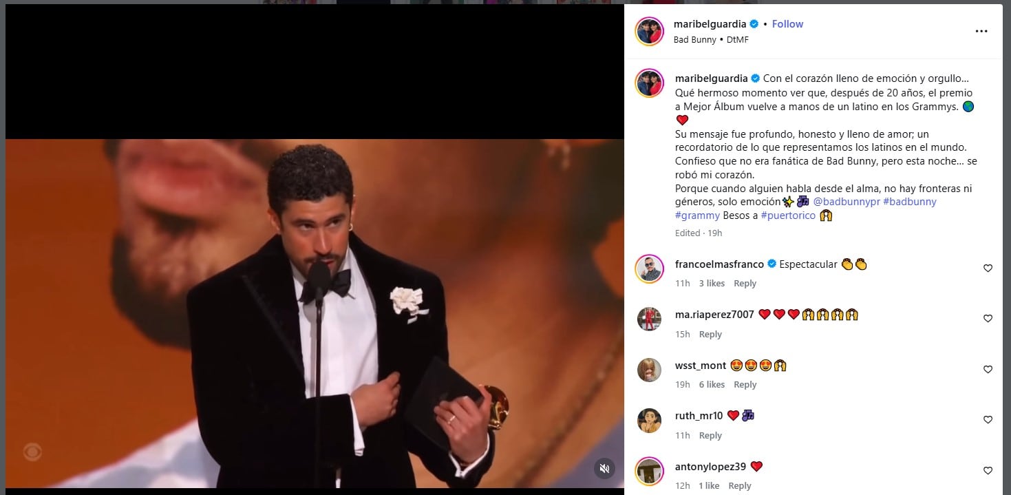 Maribel Guardia admite que el discurso sincero y apasionado de Bad Bunny la convenció y transformó su percepción sobre el artista (IG)