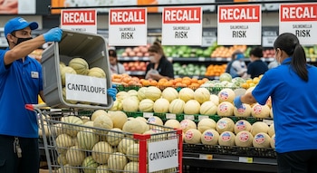 Empleados de supermercado retiran melones cantalupo de los estantes, cargándolos en un carrito. Arriba hay letreros de "RECALL SALMONELLA RISK".
