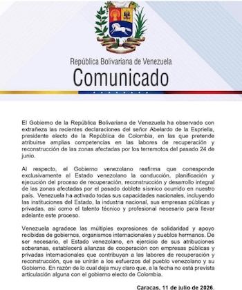 Gobierno de Venezuela rechazo cooperación con el Gobierno de Abelardo de la Espriella - crédito República Bolivariana de Venezuela