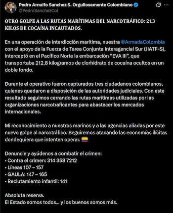 El ministro Pedro Sánchez destaca en X el golpe al narcotráfico tras la interdicción marítima en Bahía Málaga - crédito @PedroSanchezCol / X