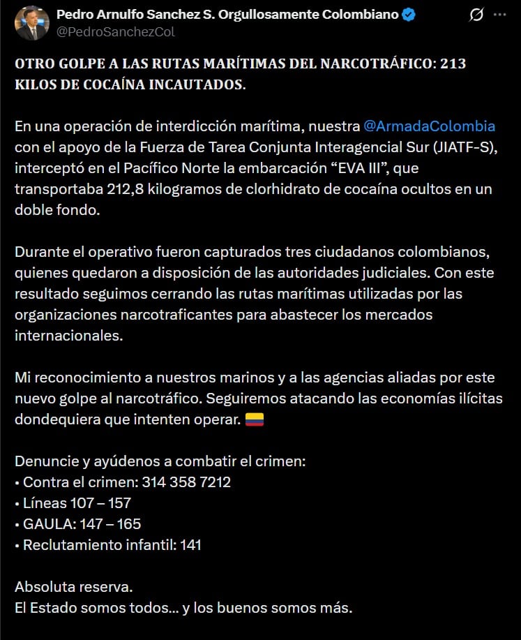 El ministro Pedro Sánchez destaca en X el golpe al narcotráfico tras la interdicción marítima en Bahía Málaga - crédito @PedroSanchezCol / X