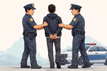 Ilustración de dos agentes de policía uniformados que escoltan a un hombre esposado de espaldas, con un coche de policía visible al fondo.