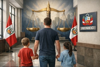 Un hombre y dos niños pequeños, vistos de espaldas, caminan por un pasillo con banderas de Perú y el logo de RENIEC. Al fondo, un gran mural de una balanza de la justicia.