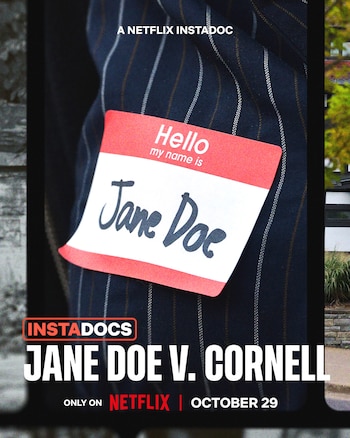 Etiqueta adhesiva con el texto Hello my name is Jane Doe sobre una chaqueta a rayas, junto al título del documental y el logotipo de Netflix