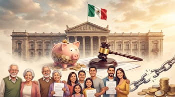 Edificio con bandera de México, alcancía con monedas, mazo de juez, documentos, familia con personas de distintas edades, cadena rota y monedas.