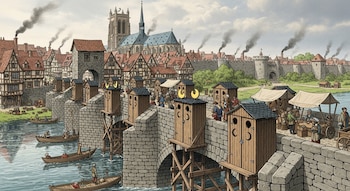 Ilustración de un puente de piedra medieval con letrinas de madera sobre un río, una ciudad bulliciosa, un edificio gótico, y murallas, bajo un cielo nublado.