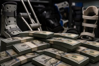 Fajos de billetes de cien dólares estadounidenses apilados en primer plano con botas ortopédicas y muletas al fondo.