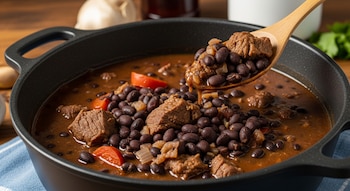 Primer plano de un guiso de porotos negros con trozos de carne, zanahoria y cebolla en una olla negra. Una cuchara de madera eleva parte del guiso.