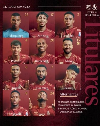 Titulares del Deportes Tolima en su visita a Millonarios en El Campín - crédito @cdtolima/Instagram