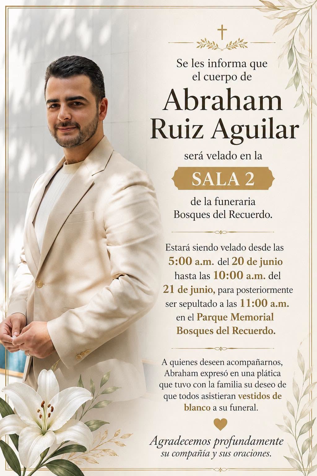 El anuncio fúnebre detalla el velatorio y sepelio de Abraham Ruiz Aguilar, con información sobre las fechas del 20 y 21 de junio y los lugares en Funeraria Bosques del Recuerdo y Parque Memorial Bosques del Recuerdo. (Facebook: Samantha Aguilar)