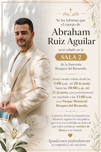 Retrato de Abraham Ruiz Aguilar em anúncio fúnebre com inscrições descrevendo o velório e sepultamento, decorado com cruzes e flores brancas