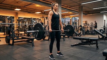 Mujer en el centro de un gimnasio con barra de pesas en las manos. Viste camiseta negra, pantalones negros y zapatillas deportivas. El gimnasio tiene máquinas y bancos.