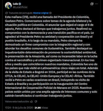 El presidente de Brasil afirmó que Colombia y Brasil comparten una amplia agenda de intereses comunes y señaló que la cooperación entre ambos países seguirá siendo beneficiosa si se mantiene en el futuro - crédito @LulaOficial/X