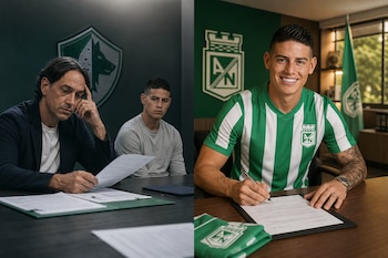 Montaje dividido con Alessandro Nesta revisando documentos junto a James Rodríguez a la izquierda y James firmando un contrato a la derecha.