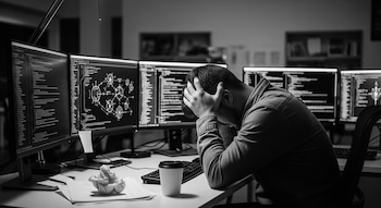 Un hombre sentado con la cabeza entre las manos frente a múltiples monitores mostrando líneas de código, junto a un teclado, una taza y papel arrugado.