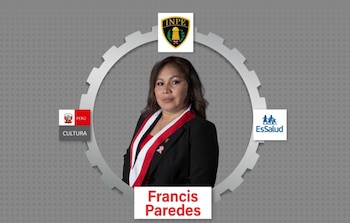Foto de Francis Paredes vestindo blazer preto e cinto vermelho e branco; cercado pelos logotipos do INPE, Perú Cultura e EsSalud em branco