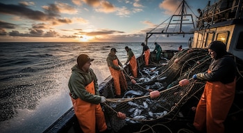 Cinco hombres pescadores con ropa de trabajo en un barco recogen una red de pesca llena de peces en el mar al atardecer.