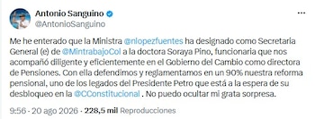 En su publicación, Sanguino se refirió a la designación de Pino y a su experiencia previa en el Ejecutivo - crédito @AntonioSanguino/X