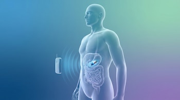 Ilustración médica de un cuerpo humano semitransparente con el sistema digestivo. Una cápsula electrónica brillante en el estómago emite ondas azules hacia un receptor externo.