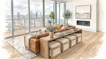 Ilustración de sala de estar moderna con sofá, mesa consola, taburetes, chimenea, plantas y ventanales. Se observa la vista a edificios de una ciudad.
