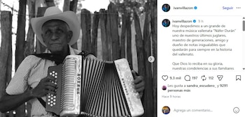 El cantante Iván Villazón expresó sus condolencias y catalogó a Náfer Durán como uno de los últimos juglares de la música vallenata - crédito @ivanvillazon/Instagram