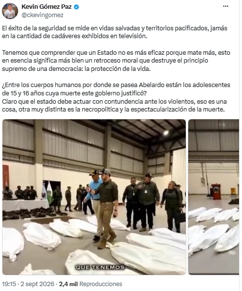 Kevin Gómez Paz cuestionó que la seguridad se mida por la cantidad de muertos - crédito @ckevingomez/X