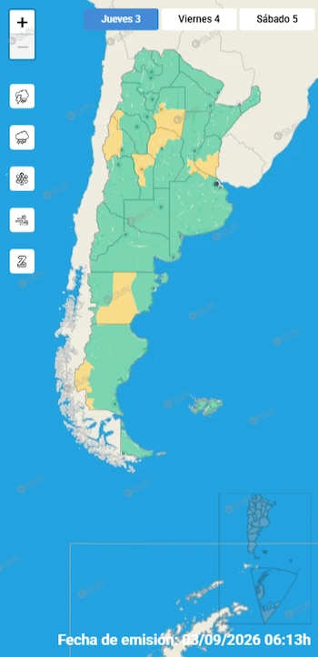 Mapa de Argentina con provincias divididas en áreas verdes y amarillas, junto a un menú de fechas e íconos meteorológicos