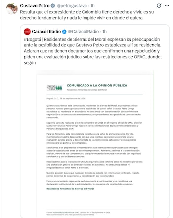 Petro contestó a residentes de exclusivo conjunto en Bogotá - crédito @petrogustavo/X
