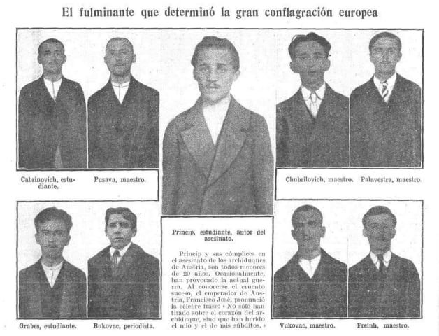 Nueve de los detenidos por los atentados cometidos el 28 de abril de 1914. Fotografía: Revista Caras y Caretas.